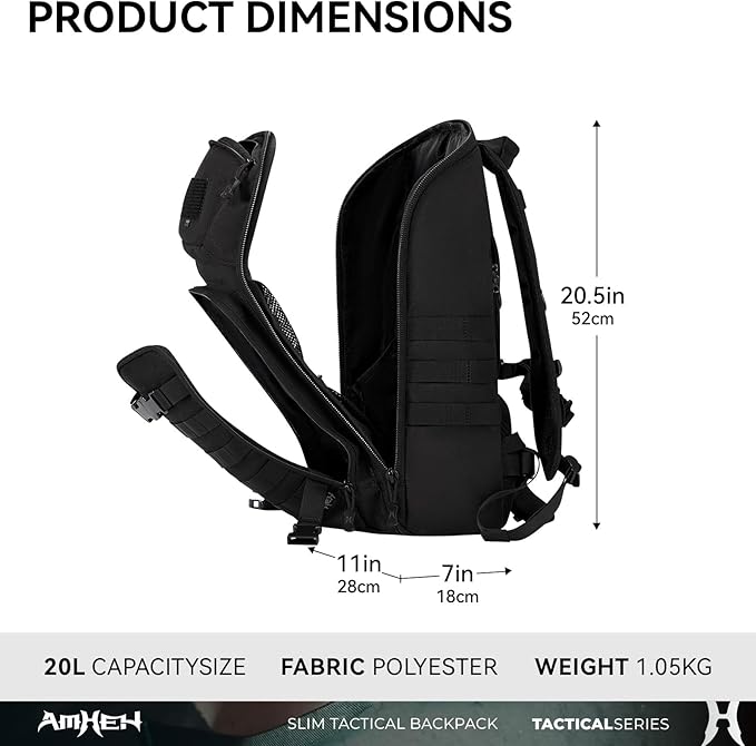 Tactical Backpack Military Slim Army Bag Molle Daypack 20L Outdoors Hiking Camping Travel EDC Pack with Multiple Pockets Waterproof for Men (Black)