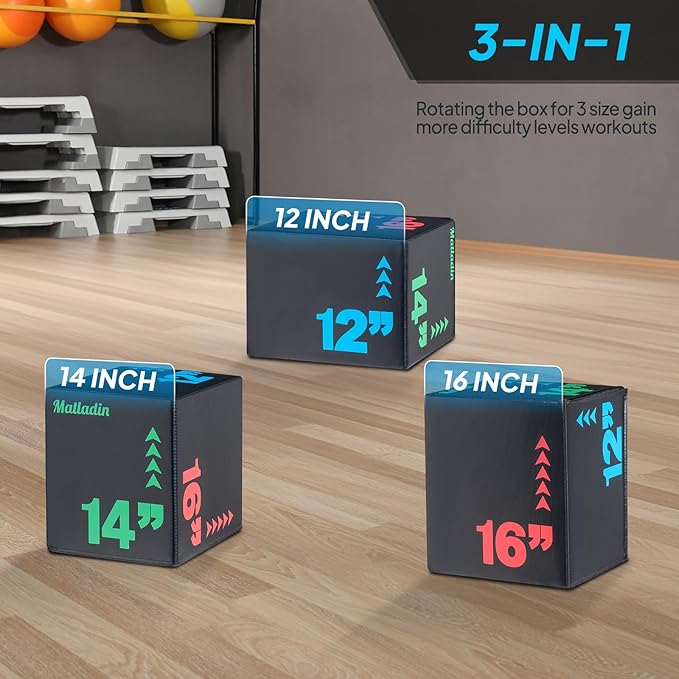 Matladin Heavy Foam Plyometric Jump Box, 3 in 1 Soft Plyo Jumping Trainers Box for Box-Squat,Jumping, Plyometric Training, Workout Exercise