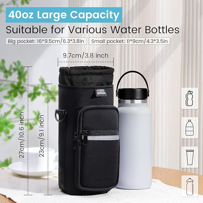 Nuovoware Water Bottle Carrier Bag,25oz/40oz/64oz Bottle Pouch Holder,Adjustable Shoulder Hand Strap 2 Pocket Sling Neoprene Sleeve Sports Accessories for Hiking Travelling Camping