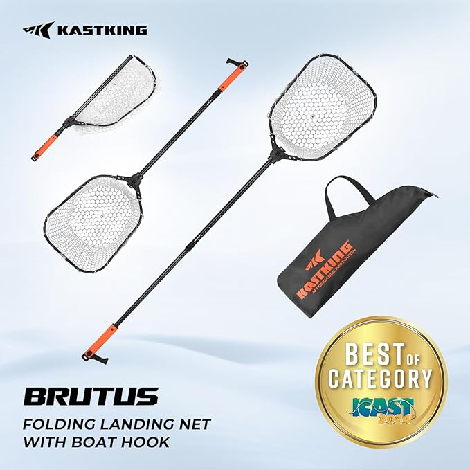 KastKing Brutus Folding Landing Net with Boat Hook, Foldable, Extendable, Lightweight & Strong, Multi-Functional Built-in Boat Hook, Non-Slip & Bright Orange TPR Handle, Two Nets Options