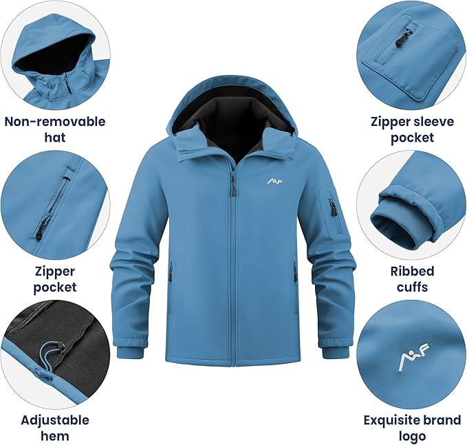 WULFUL Men's Lightweight Softshell Jacket Warm Fleece Lined Windbreaker Waterproof Soft Shell for Outdoor Hiking