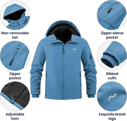 WULFUL Men's Lightweight Softshell Jacket Warm Fleece Lined Windbreaker Waterproof Soft Shell for Outdoor Hiking