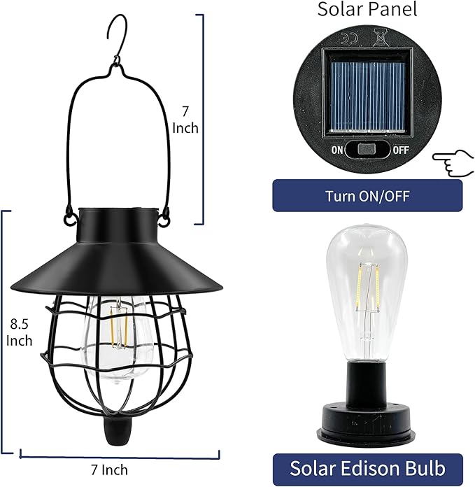 2 Pack Solar Lanterns Outdoor Waterproof Hanging Solar Lights with Vintage Metal Warm White Light Edison Bulb Design, Decorate for Garden Yard Porch and Christmas(Black)