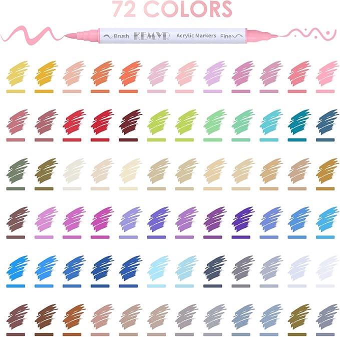 72 Colors Brush & Fine Tip Acrylic Paint Pens, Dual Tip Acrylic Paint Markers for Paper, Wood, Canvas, Stone, Rock, Glass, Fabric, DIY, Ceramic, Art Supplies for Adults Drawing