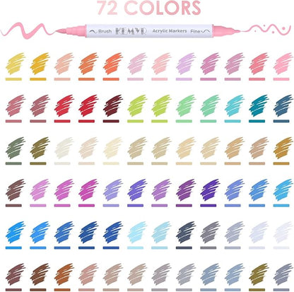 72 Colors Brush & Fine Tip Acrylic Paint Pens, Dual Tip Acrylic Paint Markers for Paper, Wood, Canvas, Stone, Rock, Glass, Fabric, DIY, Ceramic, Art Supplies for Adults Drawing