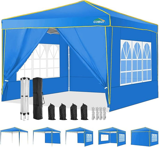 COBIZI 10x10 Pop up Canopy, Canopy Tent 10x10 Gazebos, Ez up for Parties Beach Camping Party Event Shelter Sun Shade with 4 Sidewalls & Carry Bag 4 Stakes & Ropes & Sandbags, Blue