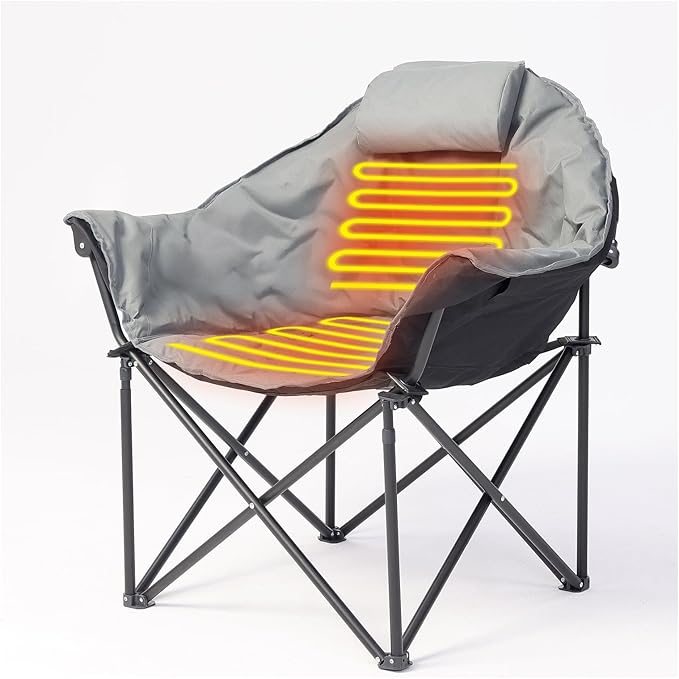 Oversized Heated Camping Chairs, 3 Heating Level for Back and Seat, Portable & Folding Camping Chair with Pillow for Outdoor Sports, Fishing, Patio, Picnics, Battery Not Included, Gray