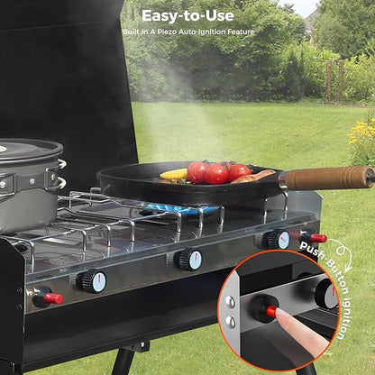 CAMPLUX 2 Burners & 1 Grill Propane Camping Stove, 15,000 BTU Portable Outdoor Propane Camping Grill Burner with Free Standing Legs, Auto-Ignition Gas Stove with Regulator, Black