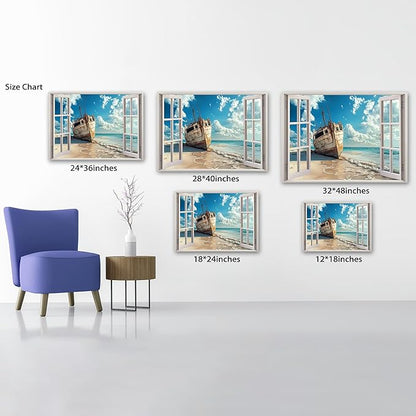 ANRUOXI Beach Pictures Wall Art Decor for Living Room, Blue Ocean Painting Decor for Bedroom, White Window Frame Style Broken Ship Canvas Wall Decor, Coastal Landscape Artwork for Offices 24x36 Inch