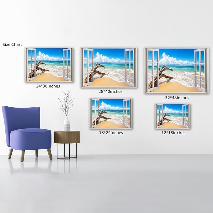 ANRUOXI Beach Pictures Wall Art Decor for Living Room, Blue Ocean Painting Decor for Bedroom, White Window Frame Style Broken Tree Canvas Wall Decor, Coastal Landscape Artwork for Office 18x24 Inch