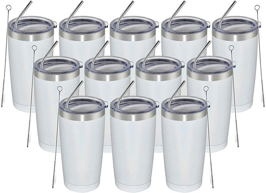 MEWAY 20oz Tumbler 12 Pack Double Wall Vacuum Insulated Travel Glitter Mug Bulk, Stainless Steel Tumblers with Lid and Straw, Powder Coated Coffee Cups for Woman(Rainbow White,Set of 12)
