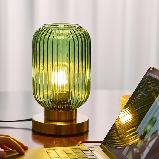 Modern Green Ribbed Glass Table Lamps Mid Century Bedside Light Small Nightstand Lamp with Plug-in Style, E26 Night Lighting for Bedroom Living Room Tabletop
