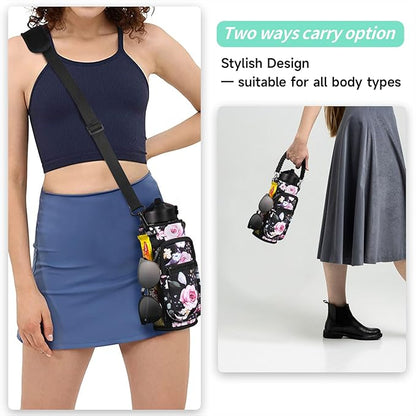 32/40/64/87/128 oz Water Bottle Carrier Bag, Neoprene Water Bottle Sleeve with 4 Pocket, Sport Water Holder with Paracord Handle and Shoulder Strap for Walking Hiking Camping Gym