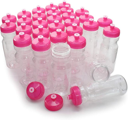 Rolling Sands USA Made 24 Ounce Sports Water Bottles - 30 Pack BPA-Free Blank Plastic Bottles for Teams, Gyms & Studios - Translucent Clear Bottle/Pink Lid