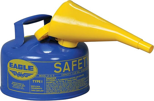 Eagle 1 Gallon Type I Blue Safety Gas Can for Kerosene with Flame Arrester, Self-Closing Lid, and F-15 Funnel, Made in the USA, Galvanized Steel Flammable Storage Can, UI10FSB