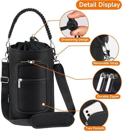 32/40/64/128 oz Neoprene Insulated Water Bottle Carrier Bag, Sling Bag Sleeve Pouch Holder with Strap & Paracord Handle and 2 Pocket for Travelling, Hiking, Camping