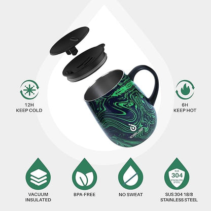 Ideus 16 oz (470 ml) Insulated Coffee Mug with Handle and Lid, Double Wall Stainless Steel Vacuum Thermal Coffee Mug, Travel Coffee Cup Thermal Cup for Home and Office (Green Zebra)