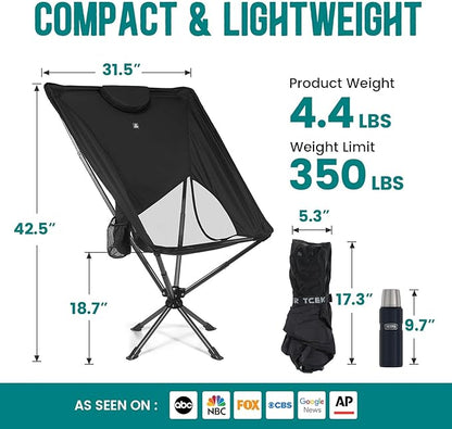 Swivel Portable High Back Camping Chair Small Compact Lightweight Folding Chairs for Adults, Outdoor Collapsible Backpack Chair for Camp, Travel, Sports, Easy Carry and Quick Setup