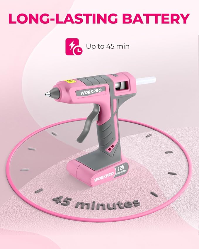 WORKPRO Full Size Cordless Hot Melt Glue Gun - 12V Rechargeable Fast Preheating Glue Gun Kit with 15pcs Full Size Glue Sticks, Auto Power-off Glue Gun for DIY Project, Art, Craft - Pink Ribbon