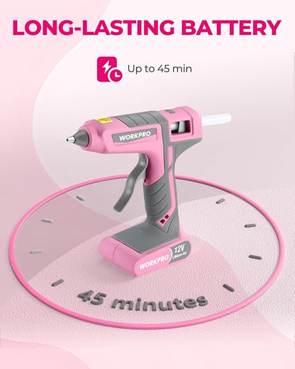 WORKPRO Full Size Cordless Hot Melt Glue Gun - 12V Rechargeable Fast Preheating Glue Gun Kit with 15pcs Full Size Glue Sticks, Auto Power-off Glue Gun for DIY Project, Art, Craft - Pink Ribbon