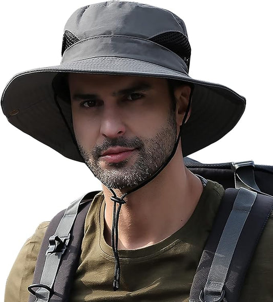 Men's Sun Hat Outdoor UPF50+ Mesh Wide Brim Bucket Safari Cap Foldable Waterproof Boonie Fishing Hats