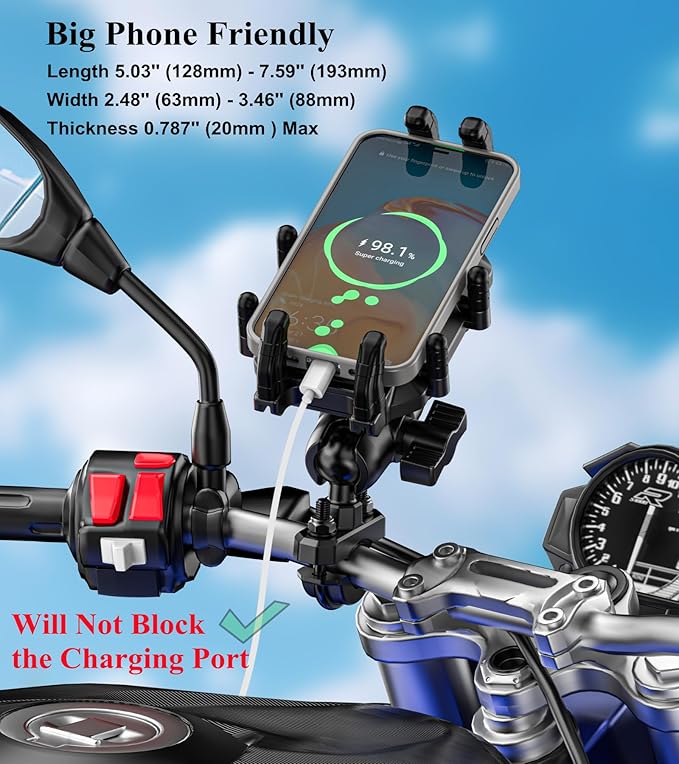 BRCOVAN Motorcycle Phone Mount Holder with Vibration Dampener & High-Speed Secure Lock, Adjustable Handlebar Cellphone Clamp for Bike Bicycle Scooter ATV, Fit 5.4-7.2'' Smartphone, Big Phone Friendly