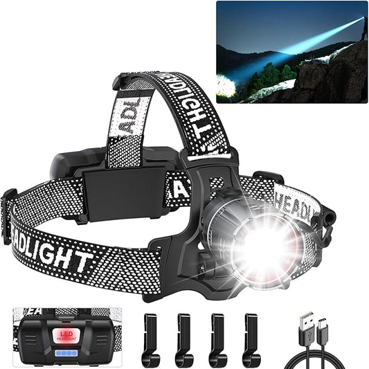 Super Bright LED Headlamp, High Lumen Rechargeable Head Lamp with Motion Sensor, 5 Modes, IPX5 Waterproof, 90° Adjustable, Zoomable Head Lights for Adults, Hard Hat, Outdoor, Camping