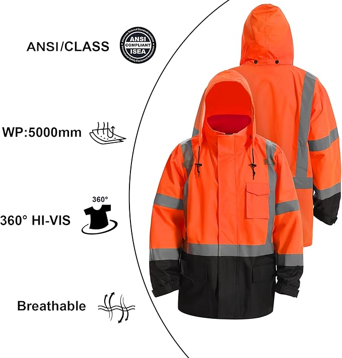 Reflective Rain jackets for men waterproof,Hi Vis Safety Coat With Reflective Strips，High Visibility Class 3 Rain jackets With 2 large pockets，Zipper,Black Bottom Orange,SM/MD