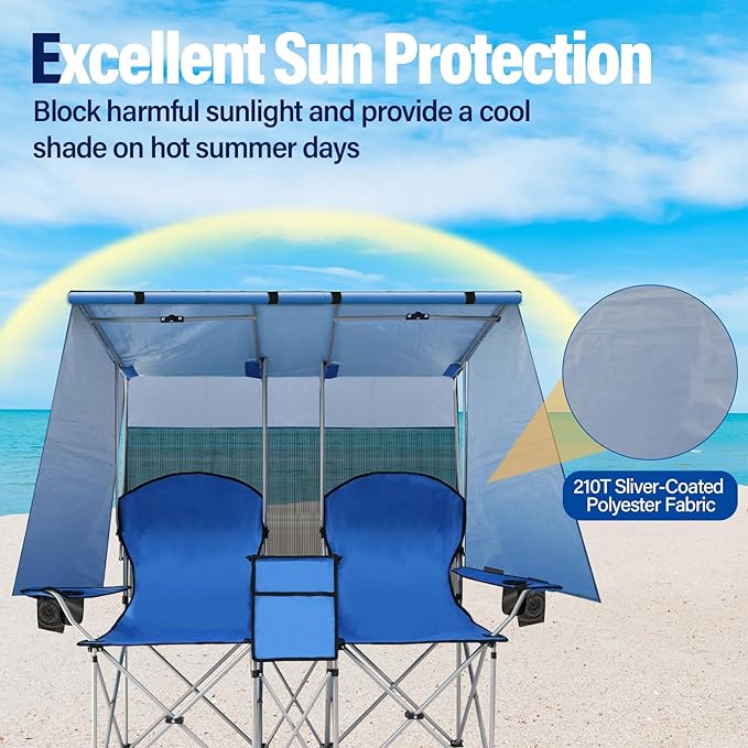 Double Beach Chair with Canopy Shade,Heavy Duty Camping Chair for Aduls,Folding Beach Chair with Cup Holder Cooler Bag for Sports Beach Outside（Blue）