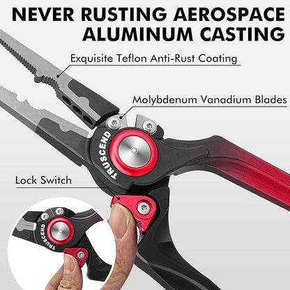 TRUSCEND Lockable Handy Fishing Pliers with Innovative Ergonomical Handle, Corrosion Saltwater Resistant Teflon Coated Fishing Tool, Multi-Function Fishing Gear with Mo-V Cutter, Fishing Gifts for Men