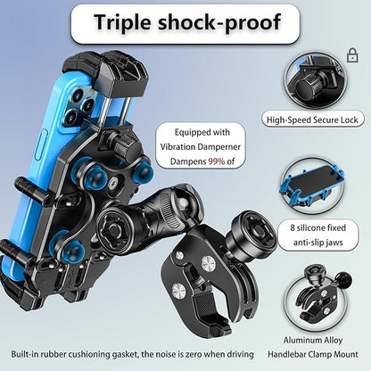 Motorcycle Phone Mount with Vibration Dampener & High-Speed Secure Lock, Anti-Theft ATV Scooter Motorcycle Handlebar Phone Holder for 5.4” to 7.2” Smartphone