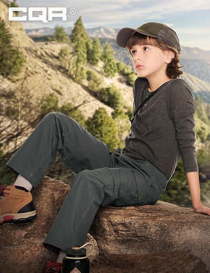 CQR Kids Youth Hiking Cargo Pants, UPF 50+ Quick Dry Convertible Zip Off Pants, Outdoor Camping Pants