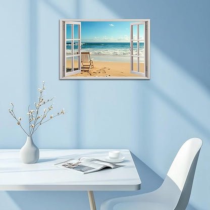 ANRUOXI Beach Wall Art, Blue Ocean Canvas Wall Decor, Beach Theme Window Frame Style Prints Blue Sea Painting, White Window Frame Style Seaside Nature Coastal Framed Artwork for Bathroom 18x24 Inch