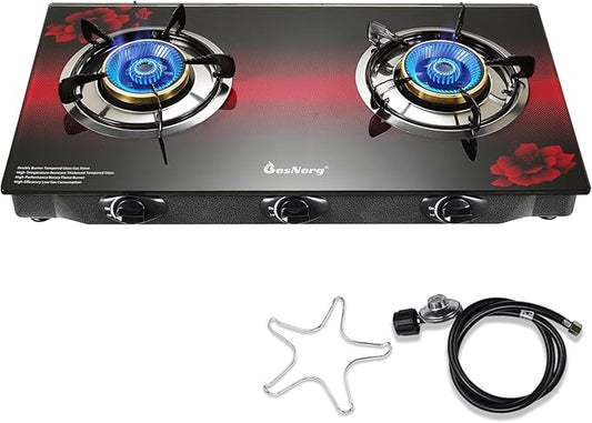 Propane Stove 2 Burner Gas Stove, 28800 BTU High-Efficiency Auto Ignition Tempered Glass LPG Cooktop with CSA Regulator and Hose – for Outdoor Camping, RV, and Emergency Cooking
