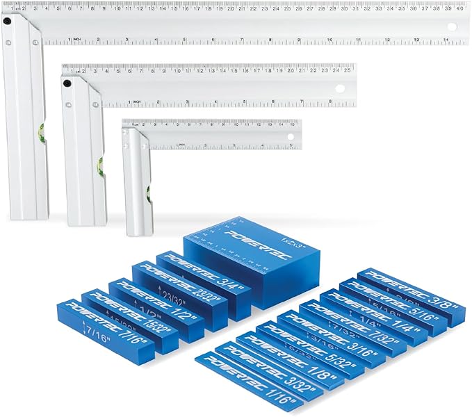 POWERTEC Setup Blocks Height Gauge 15pc Set, Router Table Setup Bars w/L Square 3pc, Machinist Square for Router Fence, Table Saw Blade, Band Saw, Drill Press (72052)