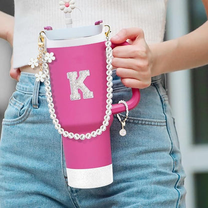 Cup Accessories Set for Stanley- Including Water Bottle Carrying Pearl Strap, Handle Letter Charms Sticker, Siliocne Cup Boot Straw Cover for Stanley 40oz & 30oz Tumbler Accessory Kit-K