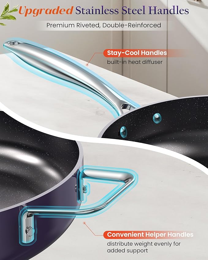 Nuwave Essential Series 5PC Ceramic Cookware Set PFAS-Free, G11 Duralon Blue Coating, Pots and Pans Set Non Stick, Diamond Scratch-Resistant,Stay-Cool Handle, Metal Lid,Induction Ready,Dishwasher Safe