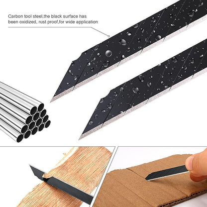 FOSHIO 100PCS 30 Degree Carbon Steel Snap Off Blades 9mm for Box Cutters Utility Knife Universal Art Knife Replacement Black Blades