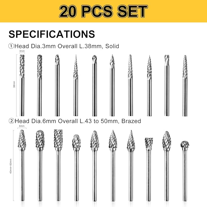 Tungsten Carbide Burr Set, 1/8" Shank 20PC Double Cut Die Grinder Rotary Tool Cutting Burrs Set for Metal and Wood Working Carving, Engraving, Polishing, Grinding with Clear Storage Case