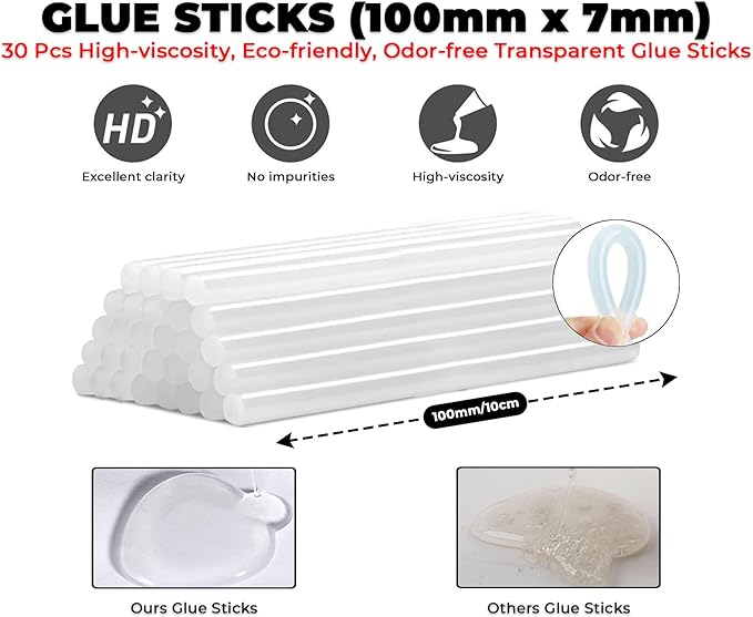 Hot Glue Gun, 20W Fast‑Preheating High‑Temp Mini Hot Melt Glue Gun Kit with 30 Glue Sticks (100mm x 7mm) for School Projects, DIY, Arts & Crafts, Quick Home Repairs
