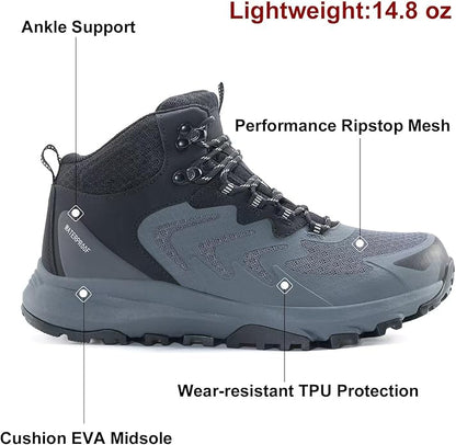 Men's Waterproof Hiking Boots Lightweight Comfortable Breathable Outdoor All-Terrain Trekking Ankle Boots