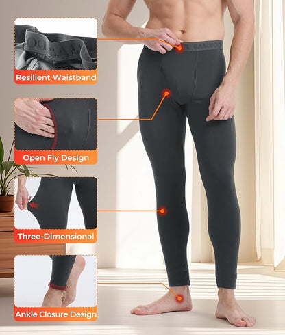 Men's Heavyweight Thermal Underwear Long Johns Bottom with Soft Wool Lining, Stretch Comfortable Base Layer for Cold Weather