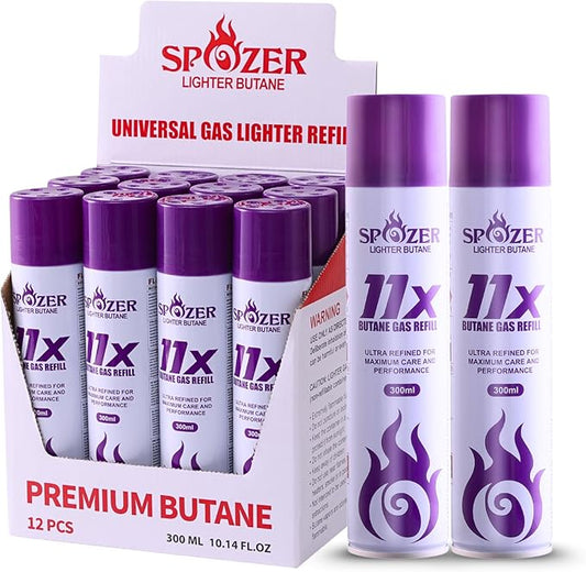 11X Ultra Pure Butane Fuel Refill – 99.99% Clean Butane Refill for All Refillable Jet Flame Lighters – Universal Butane Gas, 300ml (10.14 Oz) Cans, Pack of 12