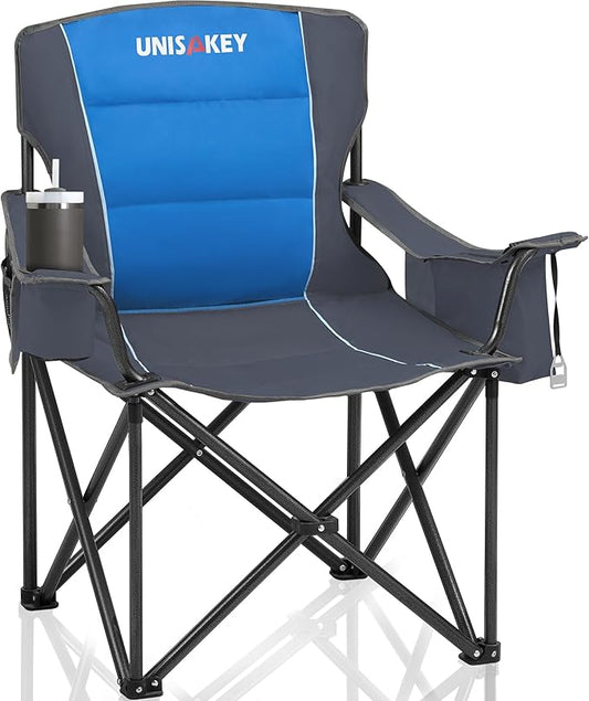 Oversized Folding Camping Chair for Adults - 450lbs Support - Heavy Duty Portable Lawn Chairs with Side Pocket Cup Holder Cooler Bag for Sports Garden Beach Fishing, Blue