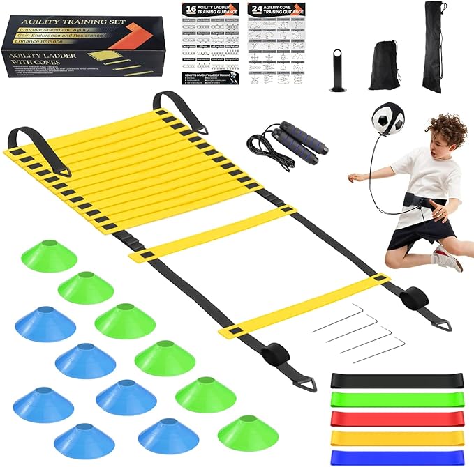 Speed Agility Training Equipment Set, Agility Ladder 20ft, 12 Football Cones, Resistance Parachute/Soccer Kick Trainer, Jump Rope, 5 Resistance Bands, Football Practice Equipment for Kids Adults