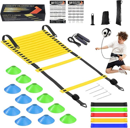 Speed Agility Training Equipment Set, Agility Ladder 20ft, 12 Football Cones, Resistance Parachute/Soccer Kick Trainer, Jump Rope, 5 Resistance Bands, Football Practice Equipment for Kids Adults