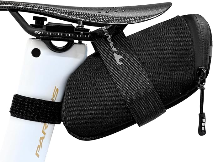 PARDUS Bike Saddle Bag, Water Resistant Bicycle Seat Bag, Durable Under Seat Storage Pouch with Multi-Tool Sleeves, Small Compact Bike Bag, Black