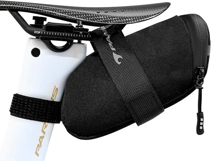 PARDUS Bike Saddle Bag, Water Resistant Bicycle Seat Bag, Durable Under Seat Storage Pouch with Multi-Tool Sleeves, Small Compact Bike Bag, Black