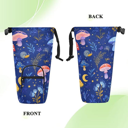 Mushroom Pattern Blue Water Bottle Holder with Strap Insulated Water Bottle Carrier Crossbody Bags Pouch with Phone Pocket for Travel Gym Hiking Walking Running