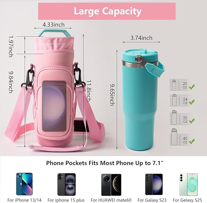 linmaya Water Bottle Carrier Bag, Insulated Water Bottle Bag Fits Stanley IceFlow Owala 16/24/32/40oz Tumbler, Water Bottle Holder with Shoulder Hand Straps, 2 Pockets for Travel, Hiking, Camping